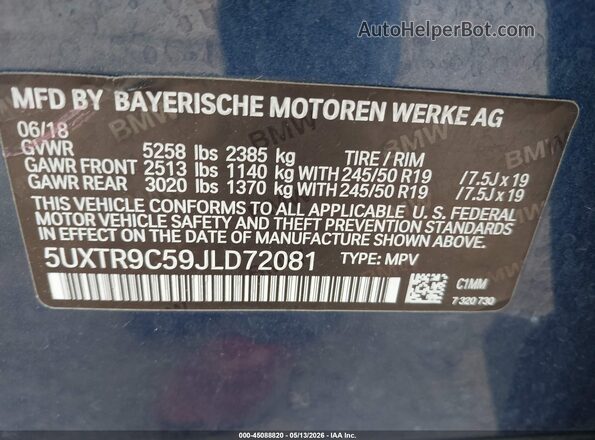 5UXTR9C59JLD72081 2018 BMW X3 Синий Вид подкапотного пространства