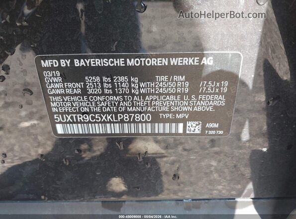 5UXTR9C5XKLP87800 2019 BMW X3 Черный Вид подкапотного пространства