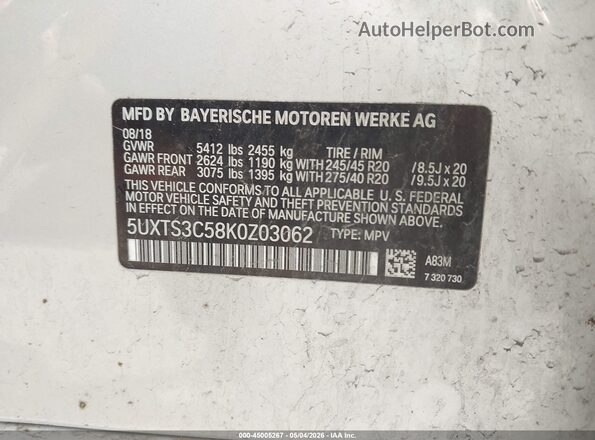 5UXTS3C58K0Z03062 2019 BMW X3 White Engine compartment view
