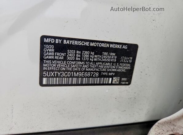 5UXTY3C01M9E68728 2021 BMW X3 Белый Вид наклейки с VIN-кодом