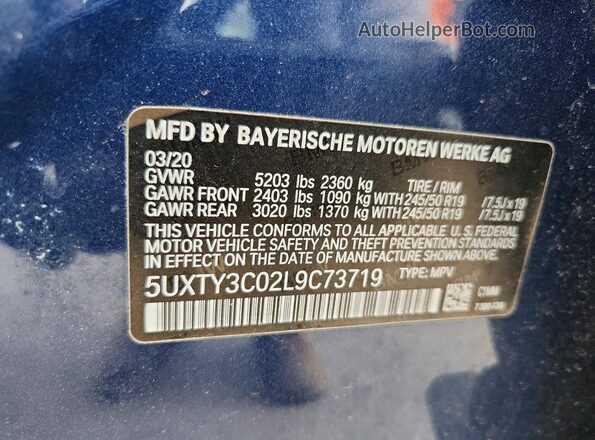 5UXTY3C02L9C73719 2020 BMW X3 Blue Widok wnętrza 360 stopni