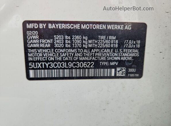 5UXTY3C03L9C30622 2020 BMW X3 Белый Вид наклейки с VIN-кодом
