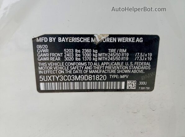 5UXTY3C03M9D81820 2021 BMW X3 Белый Панорамный вид салона 360°