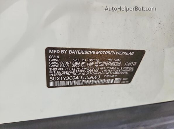 5UXTY3C04LLU69693 2020 BMW X3 White Widok naklejki z numerem VIN