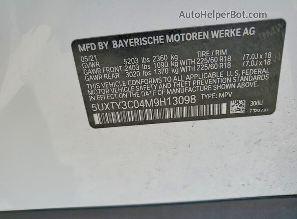 5UXTY3C04M9H13098 2021 BMW X3 Белый Вид наклейки с VIN-кодом