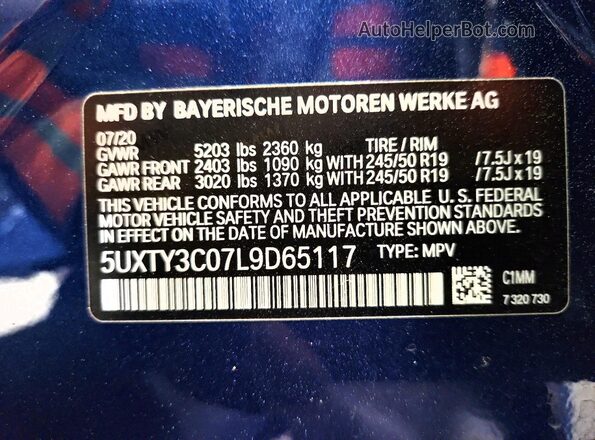 5UXTY3C07L9D65117 2020 BMW X3 Blue Widok naklejki z numerem VIN