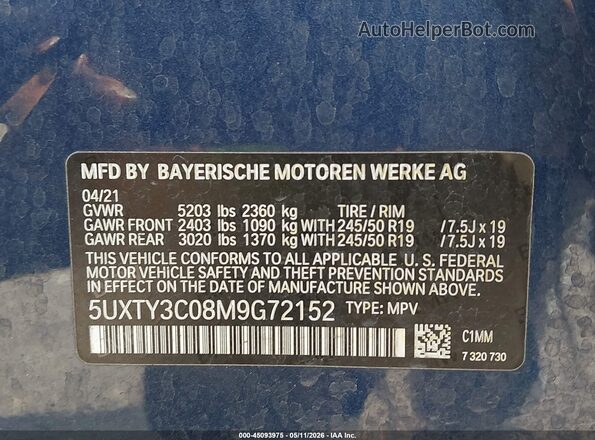 5UXTY3C08M9G72152 2021 BMW X3 Blue Вид підкапотного простору