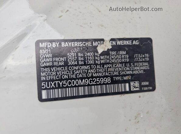 5UXTY5C00M9G25998 2021 BMW X3 White Вид наклейки з VIN-кодом