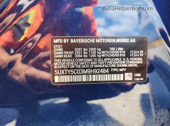 5UXTY5C03M9H92484 2021 BMW X3 Синий Панорамный вид салона 360°