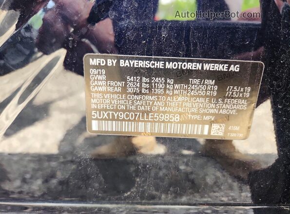 5UXTY9C07LLE59858 2020 BMW X3 Blue Вид наклейки з VIN-кодом