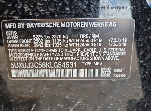 5UXUJ3C58KLG54531 2019 BMW X4 Черный Вид наклейки с VIN-кодом