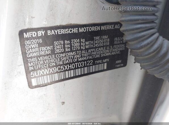 5UXWX9C5XH0T03122 2017 BMW X3 Белый Вид подкапотного пространства