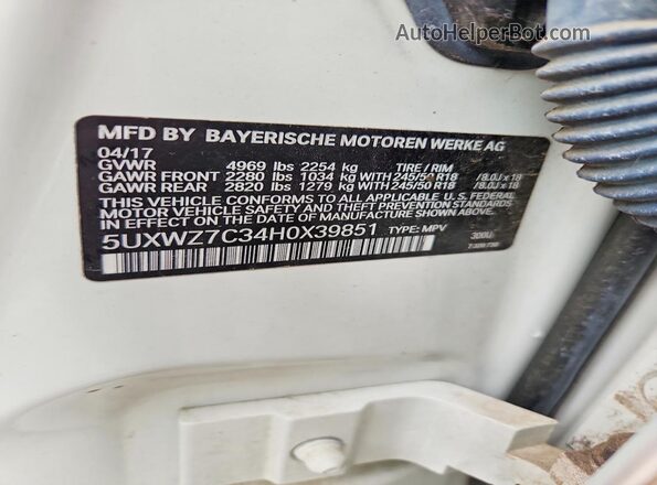 5UXWZ7C34H0X39851 2017 BMW X3 Белый Вид наклейки с VIN-кодом