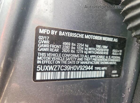 5UXWZ7C39H0V92944 2017 BMW X3 Серый Панорамный вид салона 360°