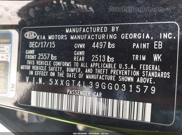 5XXGT4L39GG031579 2016 KIA OPTIMA Black Widok komory silnika