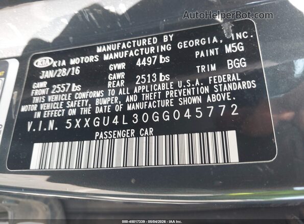 5XXGU4L30GG045772 2016 KIA OPTIMA Серый Вид подкапотного пространства