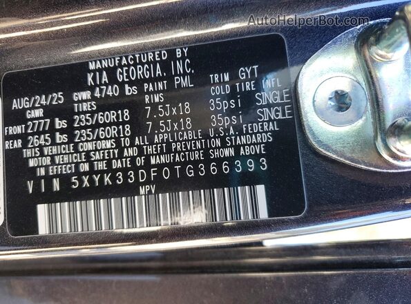 5XYK33DF0TG366393 2026 KIA SPORTAGE Черный Вид наклейки с VIN-кодом