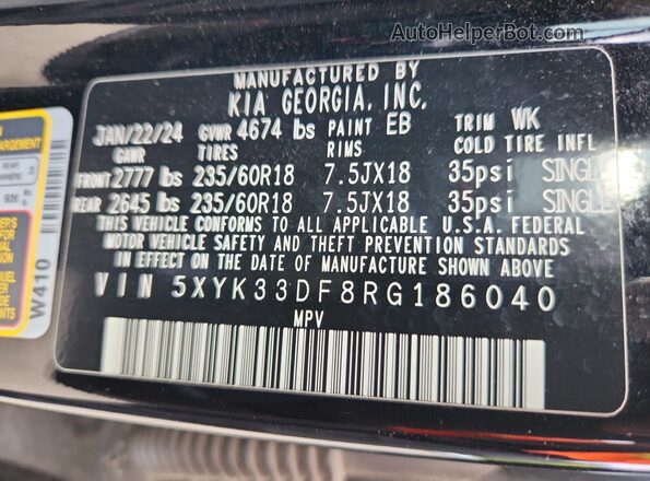 5XYK33DF8RG186040 2024 KIA SPORTAGE Black Vista de la etiqueta del VIN
