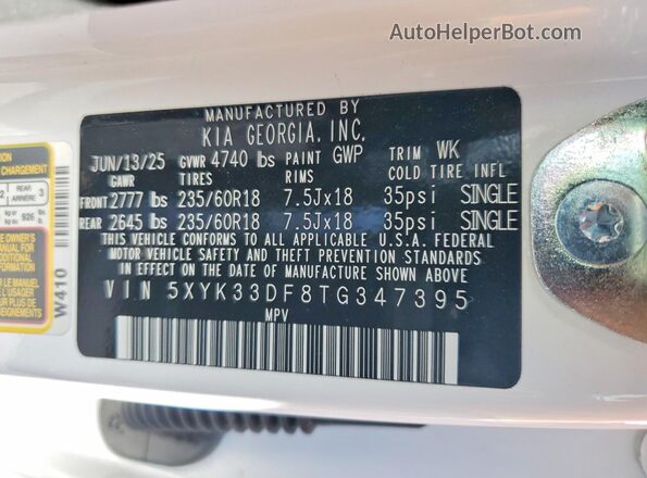 5XYK33DF8TG347395 2026 KIA SPORTAGE Белый Вид наклейки с VIN-кодом