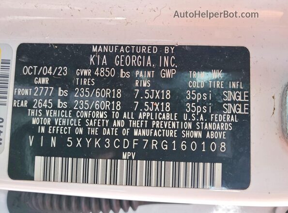 5XYK3CDF7RG160108 2024 KIA SPORTAGE White Vista de la etiqueta del VIN