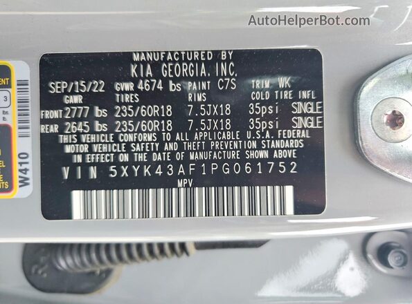 5XYK43AF1PG061752 2023 KIA SPORTAGE Серый Вид наклейки с VIN-кодом