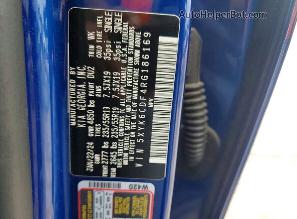 5XYK6CDF4RG186169 2024 KIA SPORTAGE Blue VIN კოდის სტიკერის ხედი