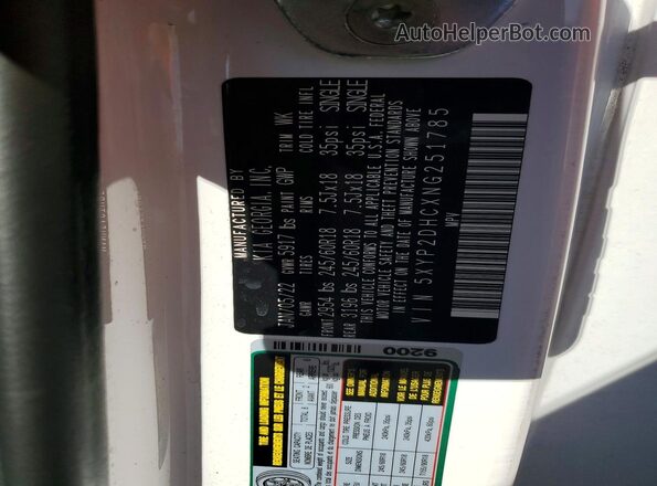 5XYP2DHCXNG251785 2022 KIA TELLURIDE White VIN კოდის სტიკერის ხედი