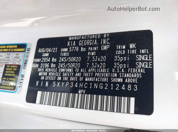 5XYP34HC1NG212483 2022 KIA TELLURIDE Белый Вид подкапотного пространства