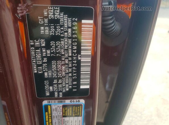 5XYP34HC4MG191692 2021 KIA TELLURIDE Бордовый Панорамный вид салона 360°