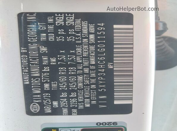 5XYP34HC6LG011594 2020 KIA TELLURIDE White VIN კოდის სტიკერის ხედი