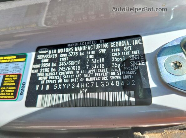 5XYP34HC7LG048492 2020 KIA TELLURIDE White Вид наклейки з VIN-кодом