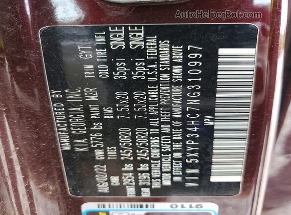 5XYP34HC7NG310997 2022 KIA TELLURIDE Бордовый Вид наклейки с VIN-кодом
