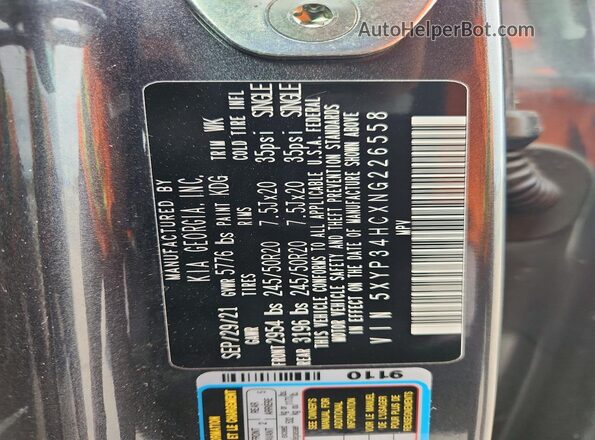5XYP34HCXNG226558 2022 KIA TELLURIDE Gray Widok naklejki z numerem VIN