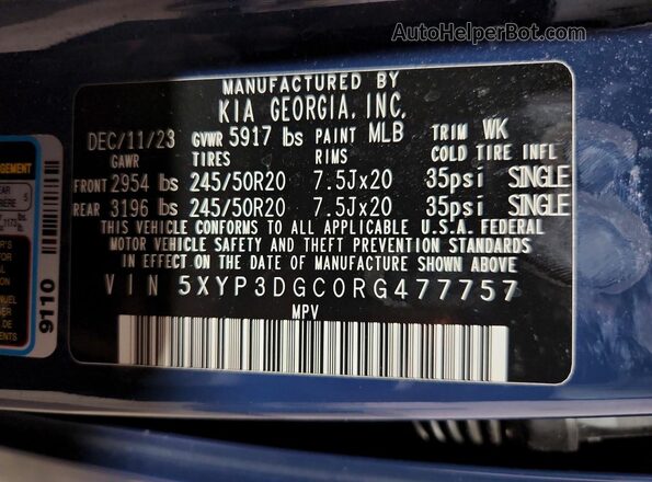 5XYP3DGC0RG477757 2024 KIA TELLURIDE Blue Vista de la etiqueta del VIN