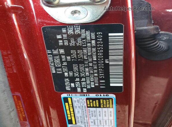 5XYP3DGC0RG523409 2024 KIA TELLURIDE Burgundy VIN կոդի պիտակի տեսք