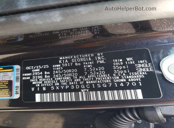 5XYP3DGC1SG714701 2025 KIA TELLURIDE Угольный Вид наклейки с VIN-кодом