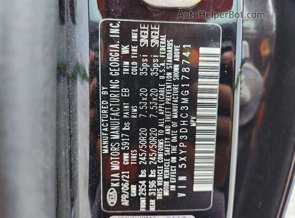 5XYP3DHC3MG178741 2021 KIA TELLURIDE Black Widok naklejki z numerem VIN