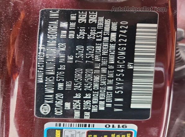 5XYP54HC0MG127420 2021 KIA TELLURIDE Burgundy VIN კოდის სტიკერის ხედი