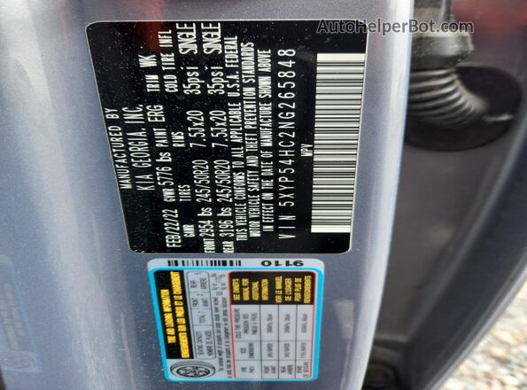 5XYP54HC2NG265848 2022 KIA TELLURIDE Серый Вид наклейки с VIN-кодом