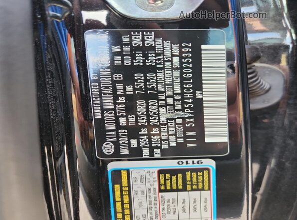 5XYP54HC6LG025392 2020 KIA TELLURIDE Black VIN կոդի պիտակի տեսք