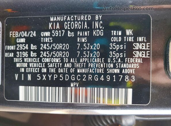 5XYP5DGC2RG491783 2024 KIA TELLURIDE Серый Вид наклейки с VIN-кодом