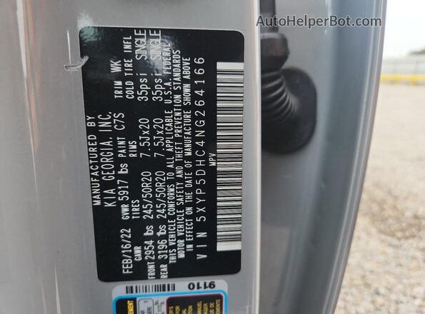 5XYP5DHC4NG264166 2022 KIA TELLURIDE Gray Widok naklejki z numerem VIN