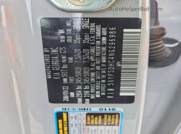 5XYP5DHC4NG296986 2022 KIA TELLURIDE Gray Вид наклейки з VIN-кодом