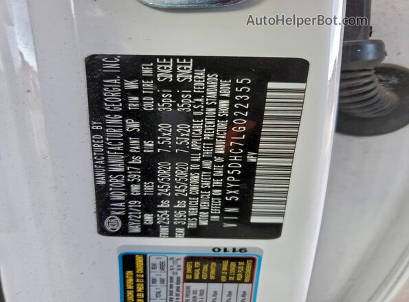 5XYP5DHC7LG022355 2020 KIA TELLURIDE White Vista de la etiqueta del VIN
