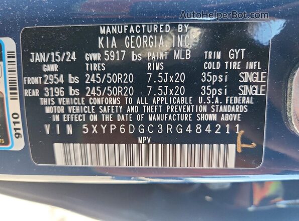 5XYP6DGC3RG484211 2024 KIA TELLURIDE Синий Вид наклейки с VIN-кодом