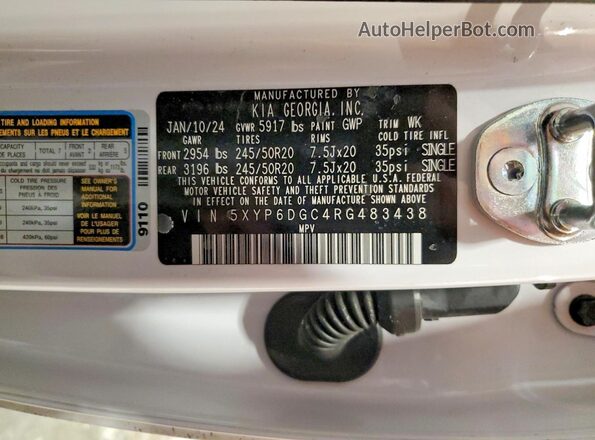 5XYP6DGC4RG483438 2024 KIA TELLURIDE White Widok naklejki z numerem VIN