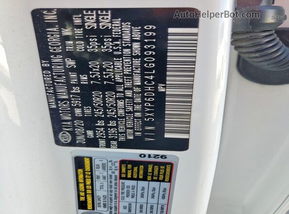 5XYP6DHC4LG093199 2020 KIA TELLURIDE White Widok wnętrza 360 stopni