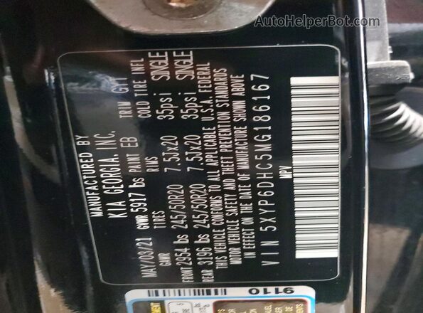 5XYP6DHC5MG186167 2021 KIA TELLURIDE Black VIN კოდის სტიკერის ხედი