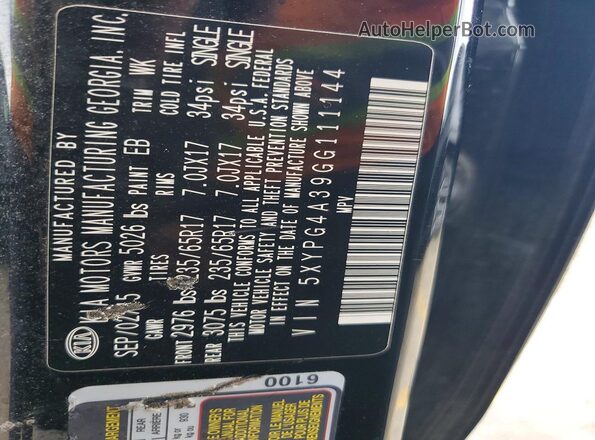 5XYPG4A39GG111144 2016 KIA SORENTO Black Вид наклейки з VIN-кодом