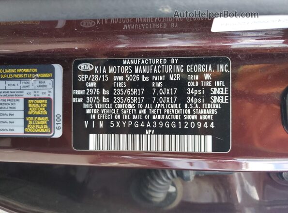5XYPG4A39GG120944 2016 KIA SORENTO Maroon Вид підкапотного простору